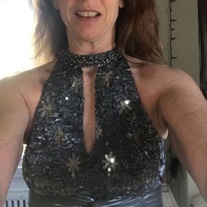 CACHET Metallic Beaded Halter Formal Gown Dress